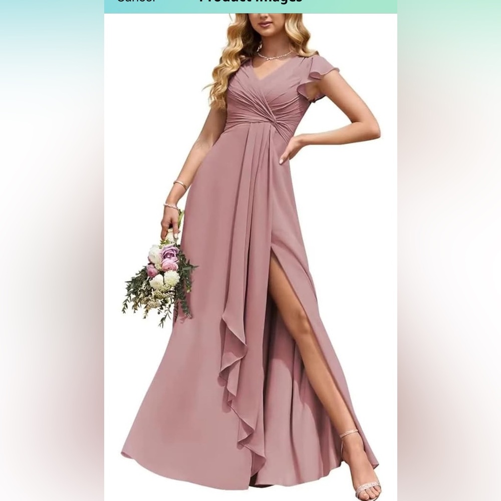 Ruffled sleeve bridesmaid dress chiffon pleated w/ slit gown dust rose